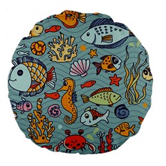 Cartoon Underwater Seamless Pattern With Crab Fish Seahorse Coral Marine Elements Large 18  Premium Flano Round Cushions by uniart180623