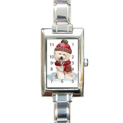 White Bichon Frise Santa Xmas T- Shirt Red Winter Hat Scarf Christmas Cap White Bichon Frise  Santa Rectangle Italian Charm Watch by ZUXUMI