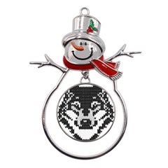 Fair Isle Wolf T- Shirt Fair Isle Knitting Grey Wolf    Spot Illustration    Black And White Wolf T- Metal Snowman Ornament by ZUXUMI