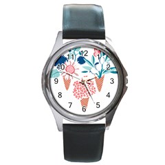 Flowers And Leaves T- Shirt Midsummer I Scream Flower Cones    Print    Pink Coral Aqua And Teal Flo Round Metal Watch by ZUXUMI