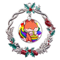 Gay Pride T- Shirt Gay Pride Kawaii Fox Ramen Noodles Rainbow Flag T- Shirt Metal X mas Wreath Holly Leaf Ornament by ZUXUMI