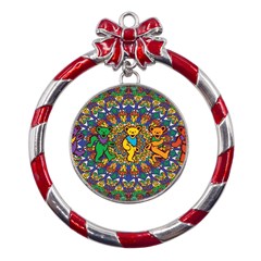 Grateful Dead Pattern Metal Red Ribbon Round Ornament by Sarkoni