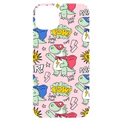 Seamless-pattern-with-many-funny-cute-superhero-dinosaurs-t-rex-mask-cloak-with-comics-style-inscrip Iphone 14 Plus Black Uv Print Case by Ket1n9