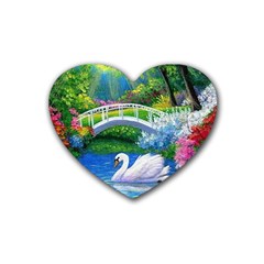 Swan Bird Spring Flowers Trees Lake Pond Landscape Original Aceo Painting Art Rubber Heart Coaster (4 Pack) by Ket1n9