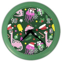 Dinosaur Colorful Funny Christmas Pattern Color Wall Clock by Ket1n9