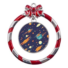 Space Galaxy Planet Universe Stars Night Fantasy Metal Red Ribbon Round Ornament by Grandong