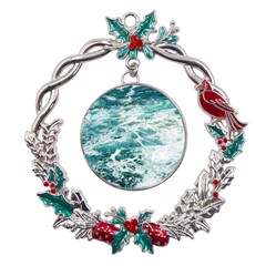 Blue Crashing Ocean Wave Metal X mas Wreath Holly Leaf Ornament