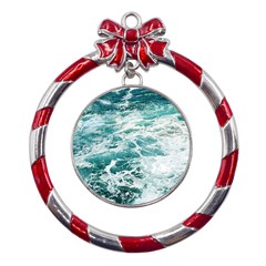 Blue Crashing Ocean Wave Metal Red Ribbon Round Ornament