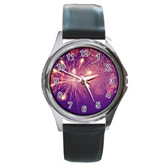 Fireworks On A Purple With Fireworks New Year Christmas Pattern Round Metal Watch by Sarkoni