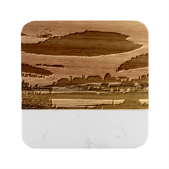 Mountains Village Trees Hills Marble Wood Coaster (square) by Sarkoni