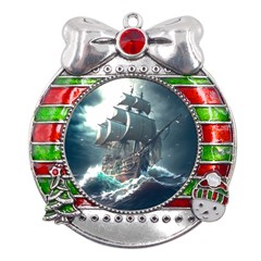 Pirate Ship Boat Sea Ocean Storm Metal X mas Ribbon With Red Crystal Round Ornament by Sarkoni