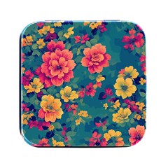 Floral Art Flowers Textile Square Metal Box (black)