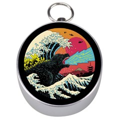 Retro Wave Kaiju Godzilla Japanese Pop Art Style Silver Compasses by Modalart