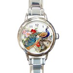 Birds Peacock Artistic Colorful Flower Painting Round Italian Charm Watch