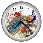 Birds Peacock Artistic Colorful Flower Painting Wall Clock (Silver)