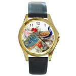 Birds Peacock Artistic Colorful Flower Painting Round Gold Metal Watch