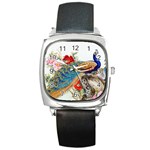 Birds Peacock Artistic Colorful Flower Painting Square Metal Watch
