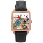 Birds Peacock Artistic Colorful Flower Painting Rose Gold Leather Watch 