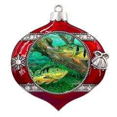 Peacock Bass Fishing Metal Snowflake And Bell Red Ornament by Sarkoni