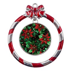 Flower Floral Pattern Christmas Metal Red Ribbon Round Ornament by Ravend