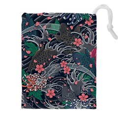 Japanese Wave Koi Illustration Seamless Pattern Drawstring Pouch (4xl)