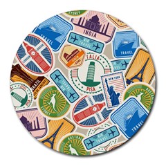 Travel Pattern Immigration Stamps Stickers With Historical Cultural Objects Travelling Visa Immigran Round Mousepad