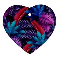 Background With Violet Blue Tropical Leaves Heart Ornament (two Sides)