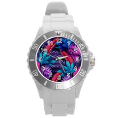 Background With Violet Blue Tropical Leaves Round Plastic Sport Watch (l)