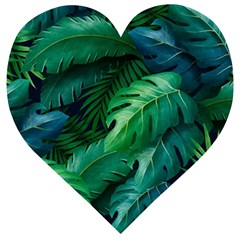 Tropical Green Leaves Background Wooden Puzzle Heart