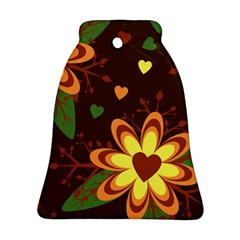 Floral Hearts Brown Green Retro Bell Ornament (two Sides) by Hannah976