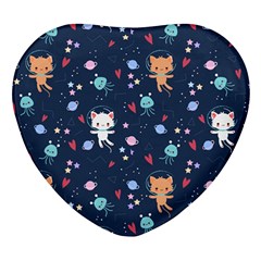 Cute Astronaut Cat With Star Galaxy Elements Seamless Pattern Heart Glass Fridge Magnet (4 Pack) by Grandong
