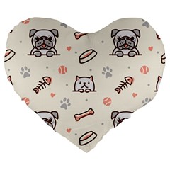 Pug Dog Cat With Bone Fish Bones Paw Prints Ball Seamless Pattern Vector Background Large 19  Premium Flano Heart Shape Cushions