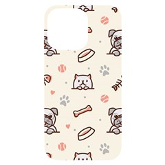 Pug Dog Cat With Bone Fish Bones Paw Prints Ball Seamless Pattern Vector Background Iphone 14 Pro Max Black Uv Print Case