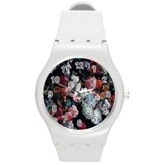 Floral Pattern, Red, Floral Print, E, Dark, Flowers Round Plastic Sport Watch (m) by nateshop