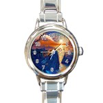 Digital Art Fantasy Impressionism Painting Ship Boat Psychedelic Peacock Mushroom Flamingos Hipwreck Round Italian Charm Watch Front