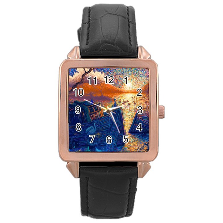 Digital Art Fantasy Impressionism Painting Ship Boat Psychedelic Peacock Mushroom Flamingos Hipwreck Rose Gold Leather Watch 