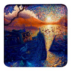 Digital Art Fantasy Impressionism Painting Ship Boat Psychedelic Peacock Mushroom Flamingos Hipwreck Square Glass Fridge Magnet (4 Pack) by Sarkoni