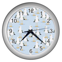 Cute Seagulls Seamless Pattern Light Blue Background Wall Clock (silver)