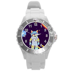 Cat Astronaut Space Retro Universe Round Plastic Sport Watch (l)