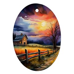 Rural Farm Fence Pathway Sunset Oval Ornament (two Sides)