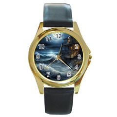 House Waves Storm Round Gold Metal Watch