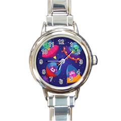 Cartoon Funny Aliens With Ufo Duck Starry Sky Set Round Italian Charm Watch by Ndabl3x