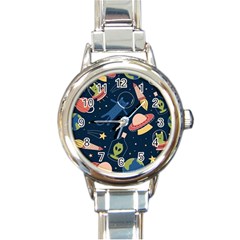 Seamless Pattern With Funny Aliens Cat Galaxy Round Italian Charm Watch by Hannah976