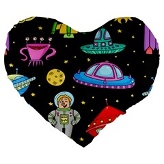 Seamless Pattern With Space Objects Ufo Rockets Aliens Hand Drawn Elements Space Large 19  Premium Flano Heart Shape Cushions by Hannah976