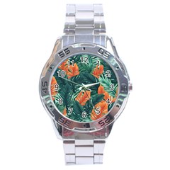 Green Tropical Leaves Stainless Steel Analogue Watch