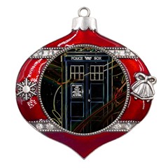 Tardis Doctor Who Magic Travel Macine Fantasy Metal Snowflake And Bell Red Ornament by Cendanart