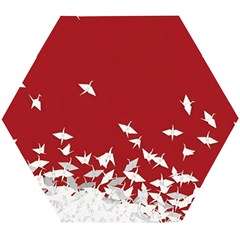 Red Sun Sea Waves Bird Japanese Art Minimalist Wooden Puzzle Hexagon by Bedest