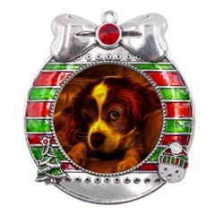 Cute 3d Dog Metal X mas Ribbon With Red Crystal Round Ornament by Ket1n9