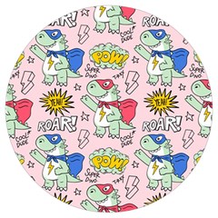 Seamless Pattern With Many Funny Cute Superhero Dinosaurs T-rex Mask Cloak With Comics Style Inscrip Round Trivet by Ket1n9