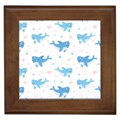 Seamless Pattern With Cute Sharks Hearts Framed Tile